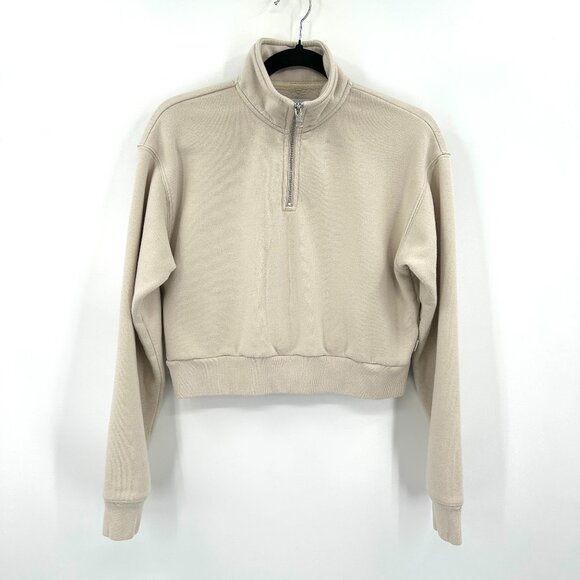 ARITZIA TNA Cream Cropped 1/4 Zip Fleece Lined Fall Sweatshirt Size Small - Picture 1 of 7